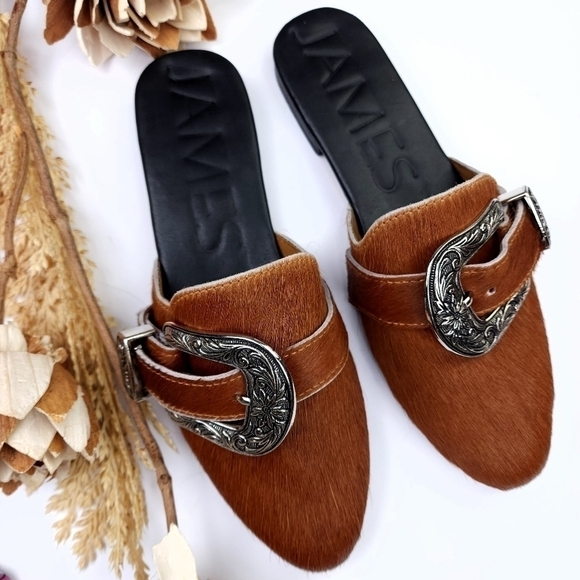 James Brown Calf Fur Slides Flats Sz 38 - Picture 2 of 10